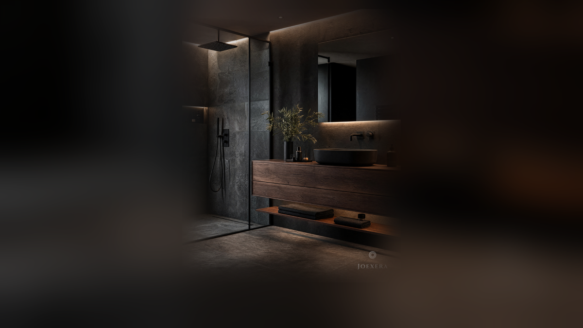 Dark minimalist luxury bathroom with matte black fixtures and warm ambient lighting — Joexera shower wellness