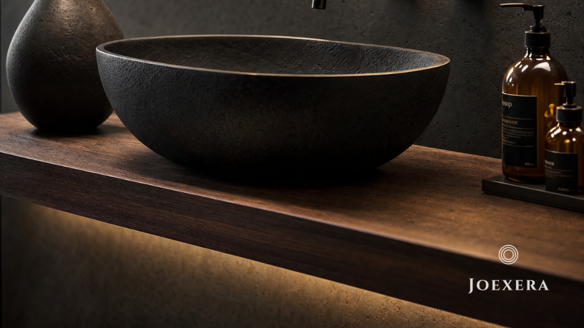 Close-up of stone vessel sink with matte black faucet and amber bottles on walnut countertop — Joexera ritual